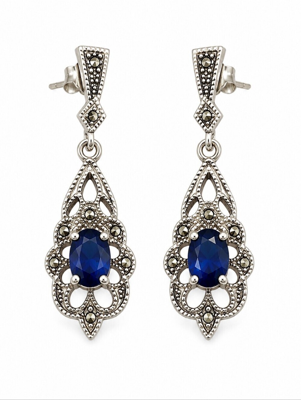 VTG Victorian Sterling Silver Blue Crystal Marcasite Formal Bridal Earrings
